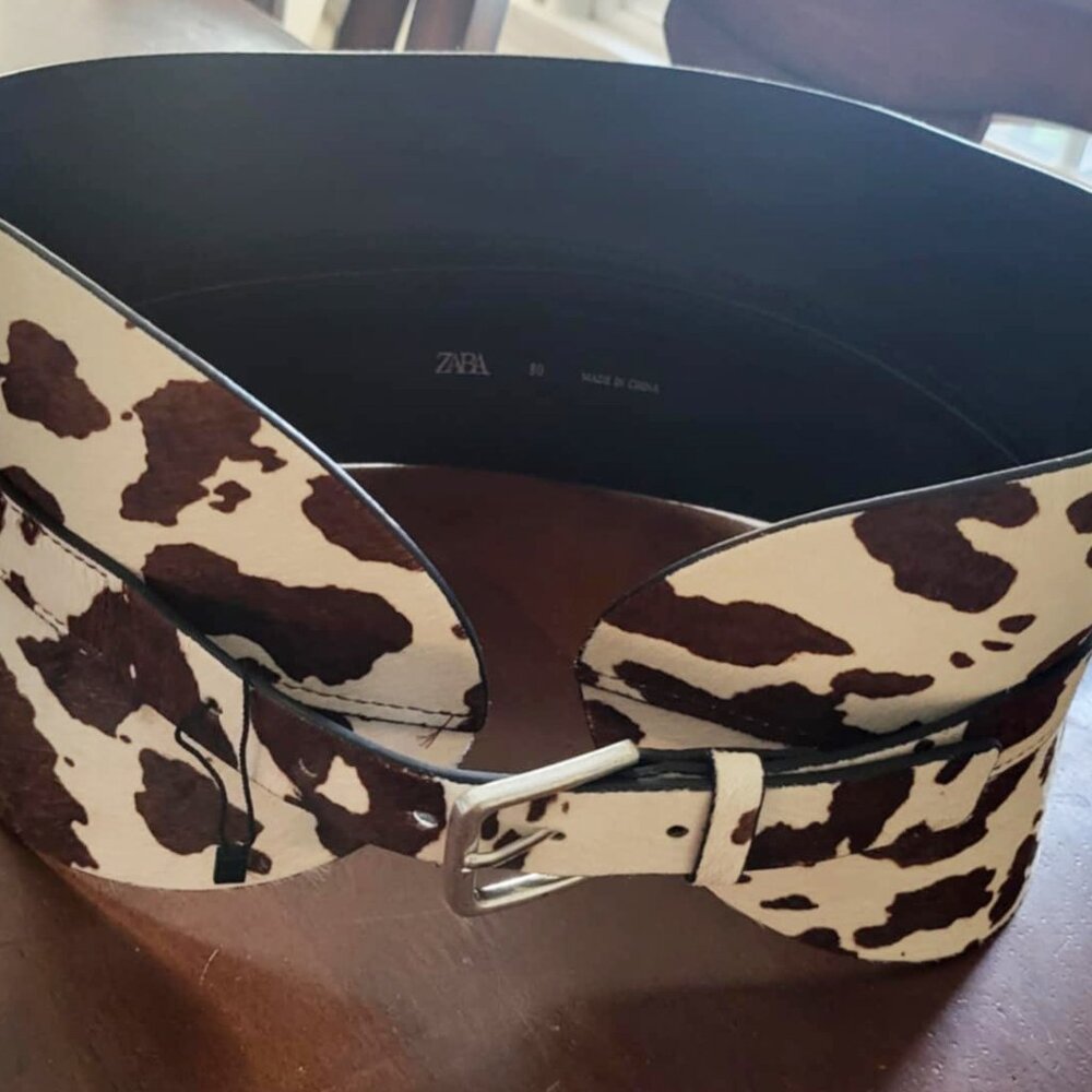 ZARA Leather Cow Print Sash Belt - Size 80